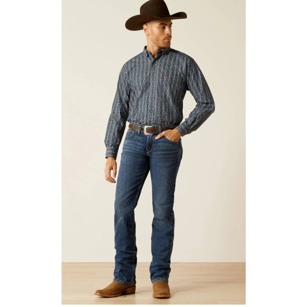 M1193)Ariat Men Rochard Chambray Blue XL Classic Fit Long Sleeve  Western Shirt